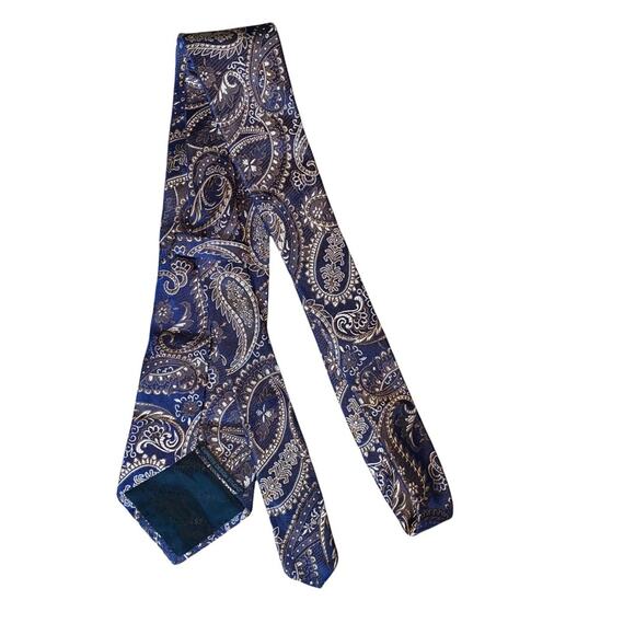 Express Design Studio Paisley Print Blue and Brown 100% Italian Silk Tie - Picture 4 of 12